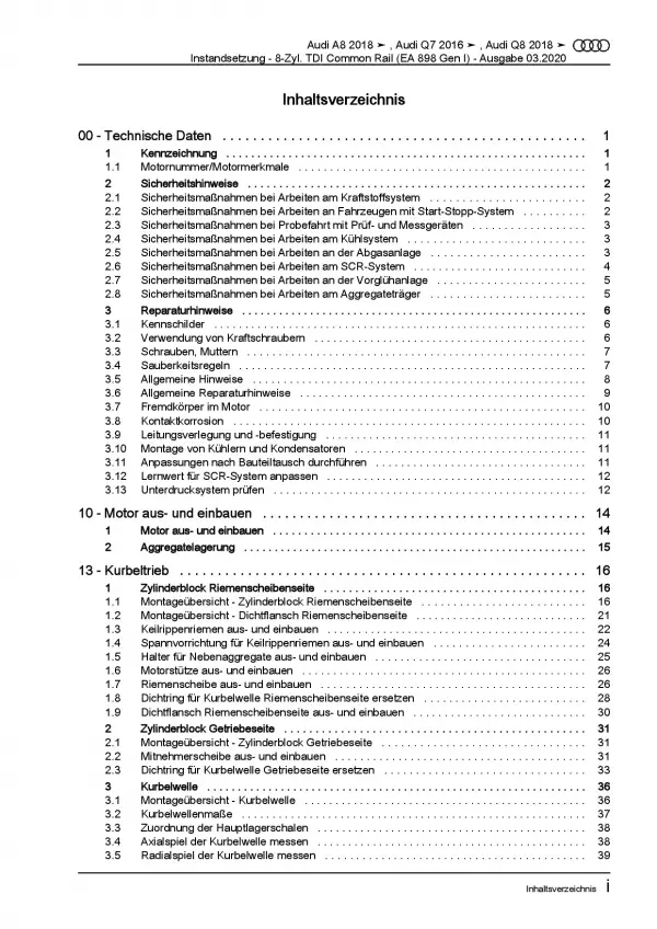 Audi A8 4N ab 2017 Instandsetzung Dieselmotor 8-Zyl. TDI Reparaturanleitung PDF