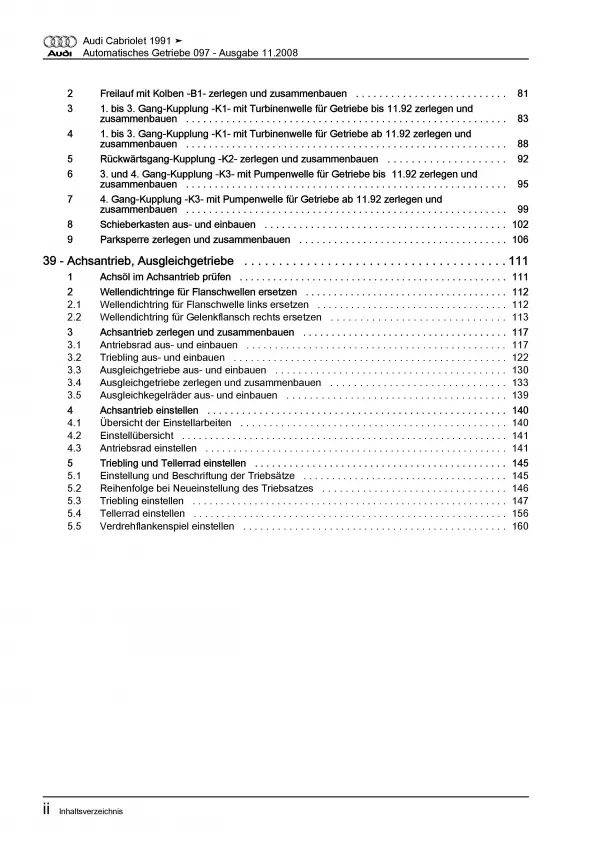 Audi Cabriolet 1991-2000 4 Gang Automatikgetriebe 097 Reparaturanleitung PDF