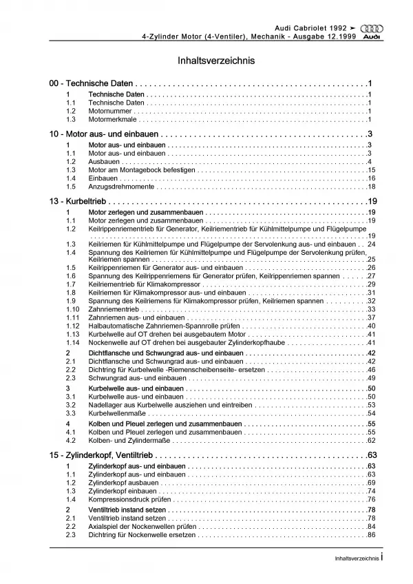 Audi Cabriolet 1991-2000 2,0l Benzinmotor 140 PS Mechanik Reparaturanleitung PDF