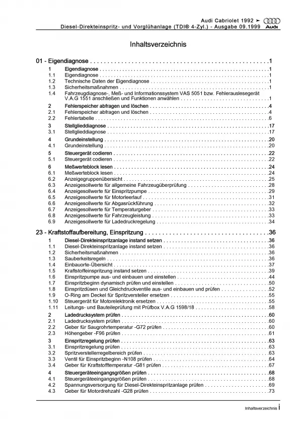 Audi Cabriolet 1991-2000 Diesel Einspritz Vorglühanlage Reparaturanleitung PDF