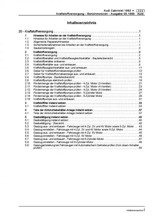 Audi Cabriolet 1991-2000 Kraftstoffversorgung Benzinmotoren Reparaturanleitung