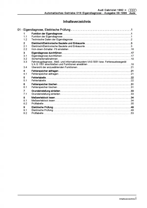 Audi Cabriolet 91-00 Eigendiagnose Automatikgetriebe 01N Reparaturanleitung PDF