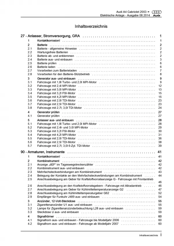 Audi A4 Cabriolet (02-09) Elektrische Anlage Elektrik Systeme Reparaturanleitung