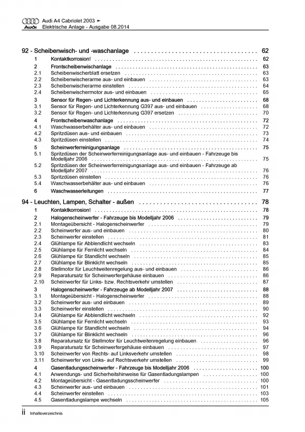 Audi A4 Cabriolet (02-09) Elektrische Anlage Elektrik Systeme Reparaturanleitung