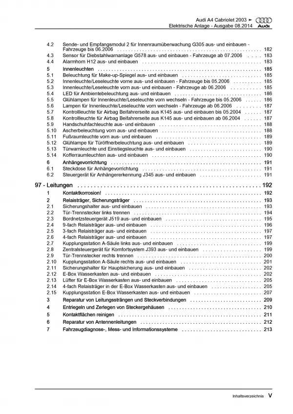 Audi A4 Cabriolet 2002-2009 Elektrische Anlage Systeme Reparaturanleitung PDF