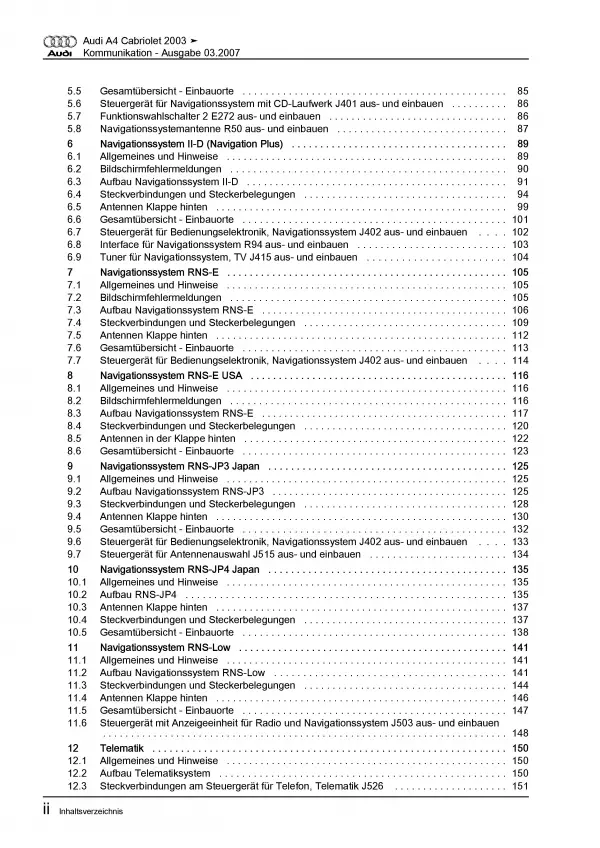 Audi A4 Cabrio 2002-2009 Radio Navigation Kommunikation Reparaturanleitung PDF