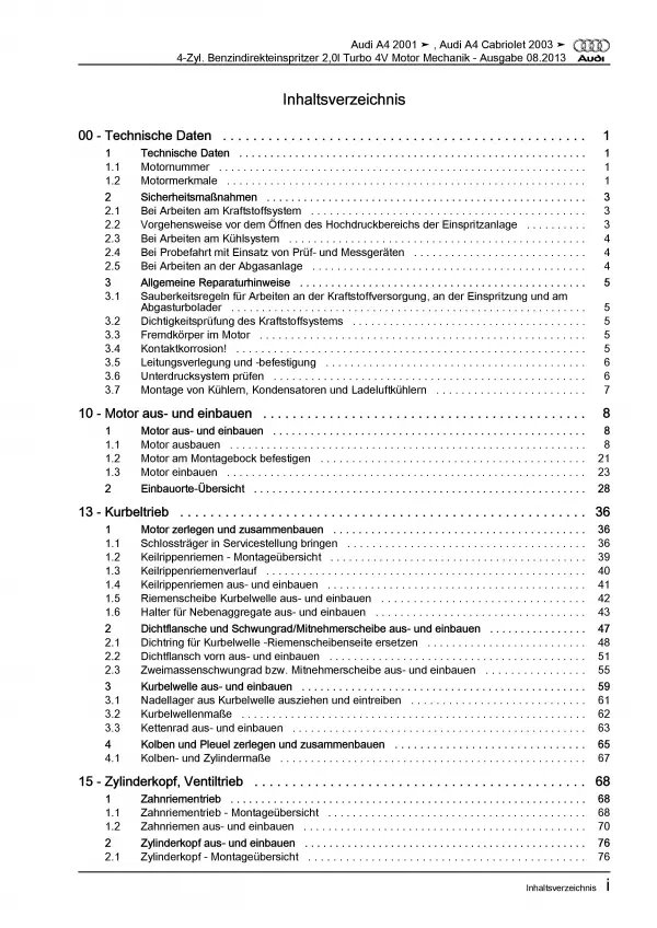 Audi A4 Cabriolet (02-09) Benzinmotor 170-220 PS Mechanik Reparaturanleitung PDF