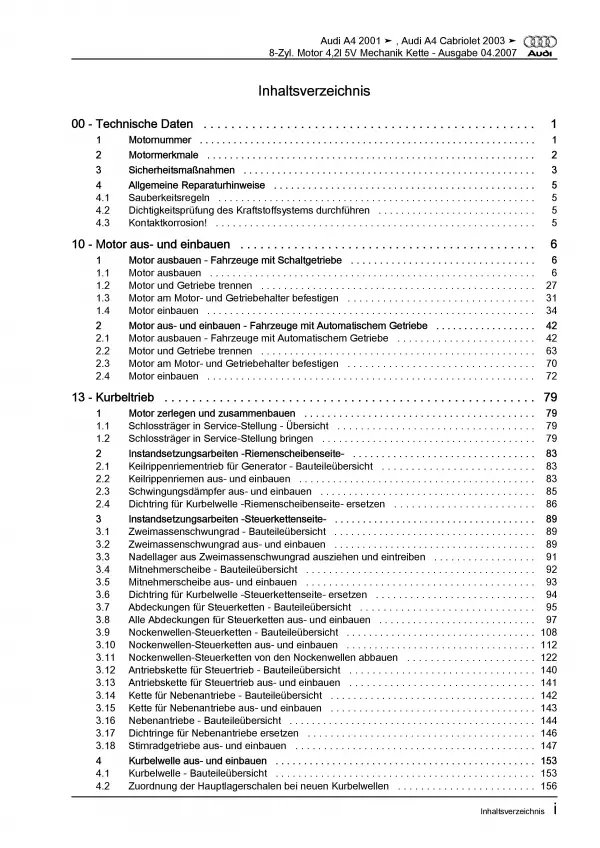 Audi A4 Cabrio (02-09) 8-Zyl. Benzinmotor 344 PS Mechanik Reparaturanleitung PDF