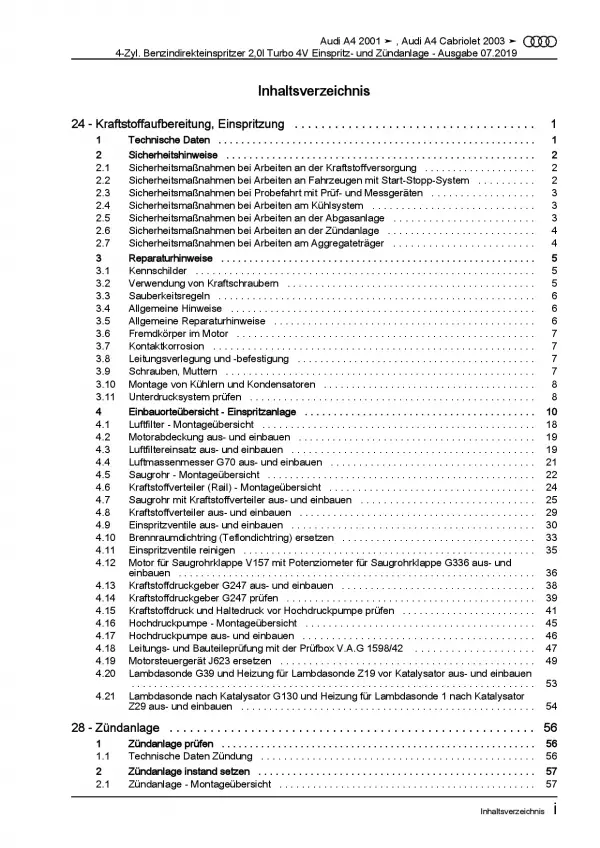 Audi A4 Cabrio (02-09) Benzin Einspritz- Zündanlage 2,0l Reparaturanleitung PDF