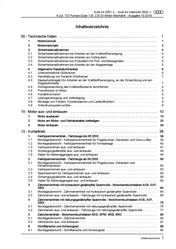 Audi A4 Cabriolet (02-09) 4-Zyl. Dieselmotor Mechanik Reparaturanleitung PDF