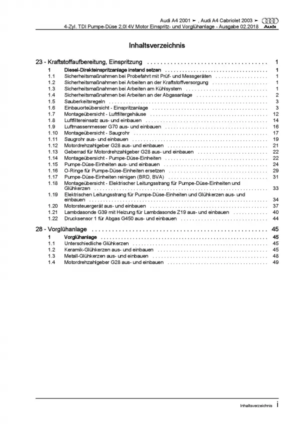 Audi A4 Cabrio 2002-2009 Diesel Einspritz- Vorglühanlage Reparaturanleitung PDF