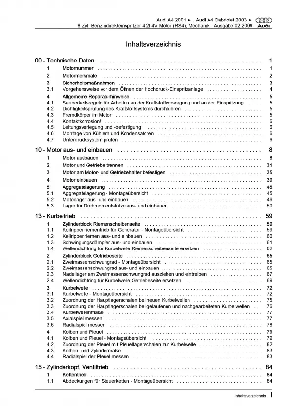 Audi A4 Cabrio (02-09) 8-Zyl. Benzinmotor 420 PS Mechanik Reparaturanleitung PDF