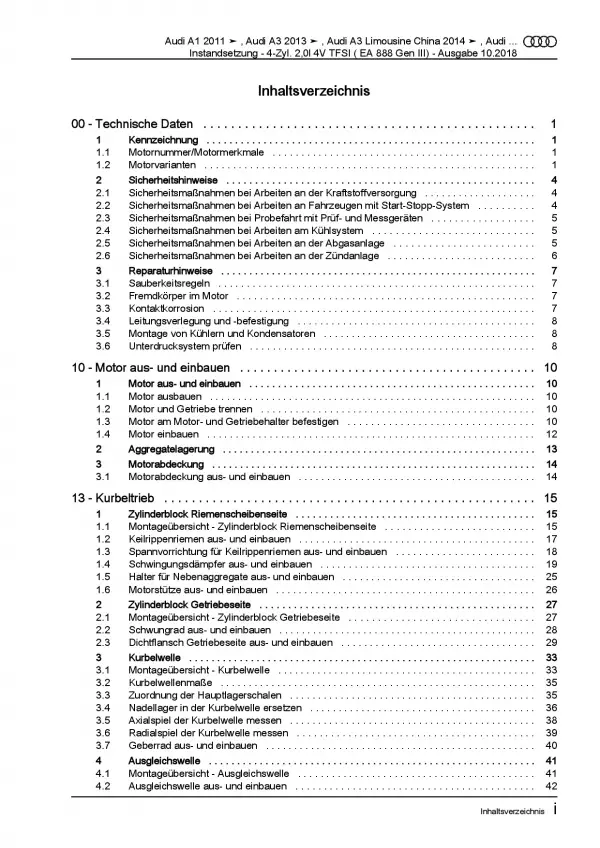 Audi Q2 GA ab 2016 Instandsetzung Benzinmotor 4-Zyl. TFSI Reparaturanleitung PDF