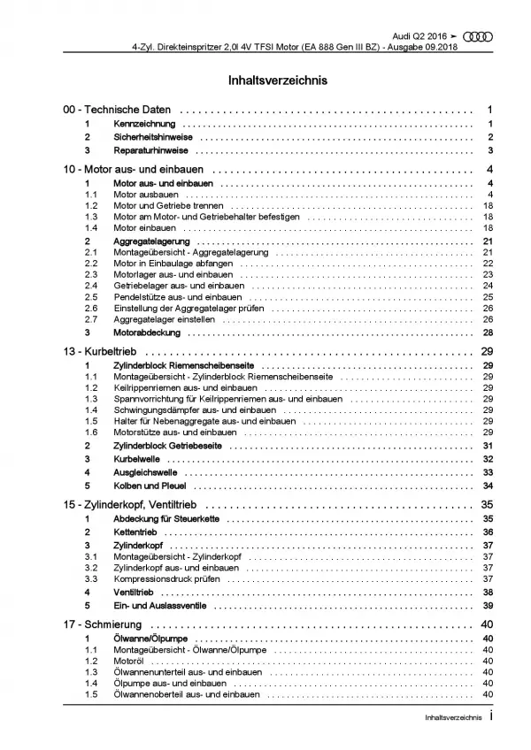 Audi Q2 Typ GA ab 2016 4-Zyl. 2,0l CZPB DKZA Benzinmotor Reparaturanleitung PDF