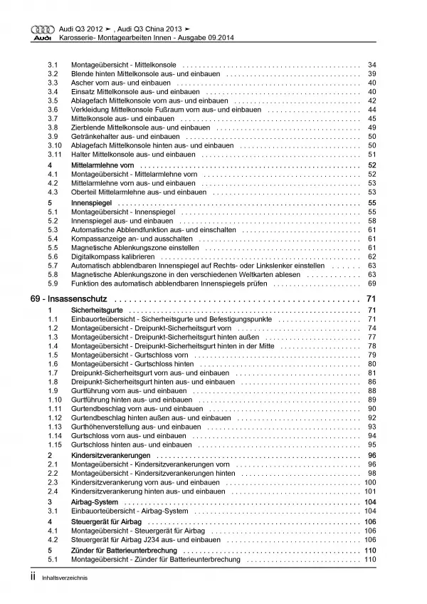 Audi Q3 Typ 8U 2011-2018 Karosserie Montagearbeiten Innen Reparaturanleitung