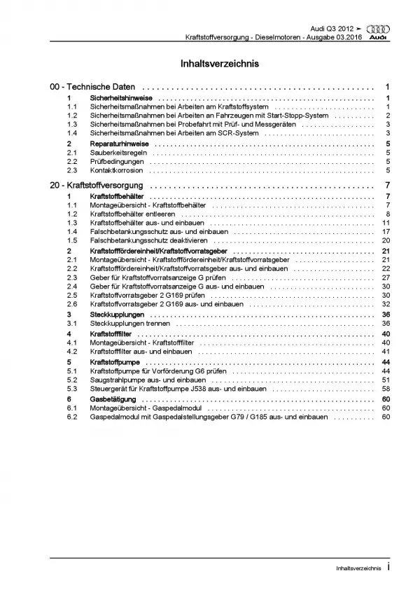 Audi Q3 8U 2011-2018 Kraftstoffversorgung Dieselmotoren Reparaturanleitung PDF