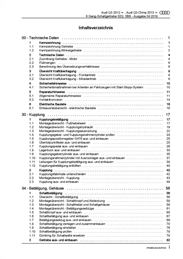 Audi Q3 Typ 8U 2011-2018 6 Gang Schaltgetriebe 02S 0BB Reparaturanleitung PDF