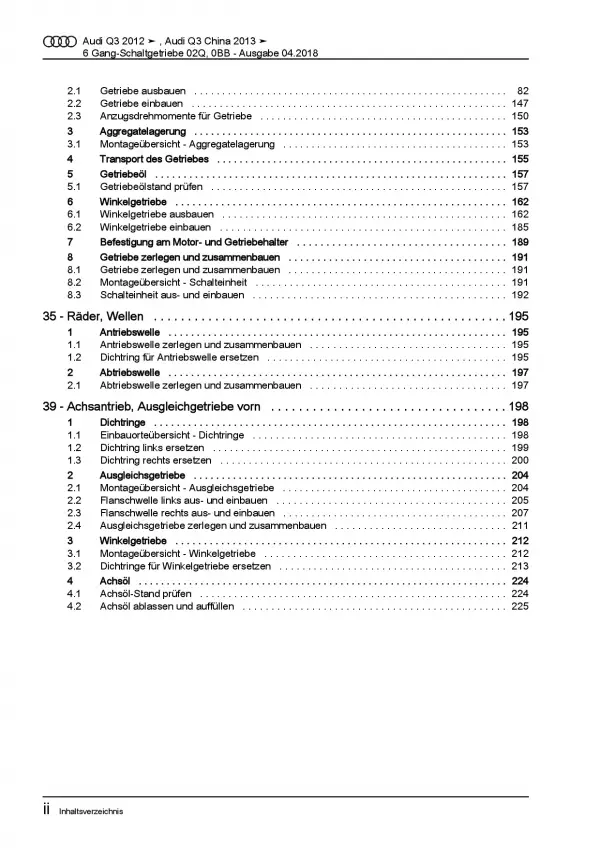 Audi Q3 Typ 8U 2011-2018 6 Gang Schaltgetriebe 02S 0BB Reparaturanleitung PDF