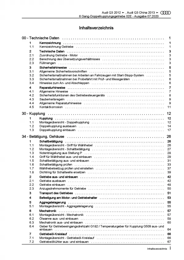 Audi Q3 8U 2011-2018 6 Gang Automatikgetriebe DSG DKG 02E Reparaturanleitung PDF