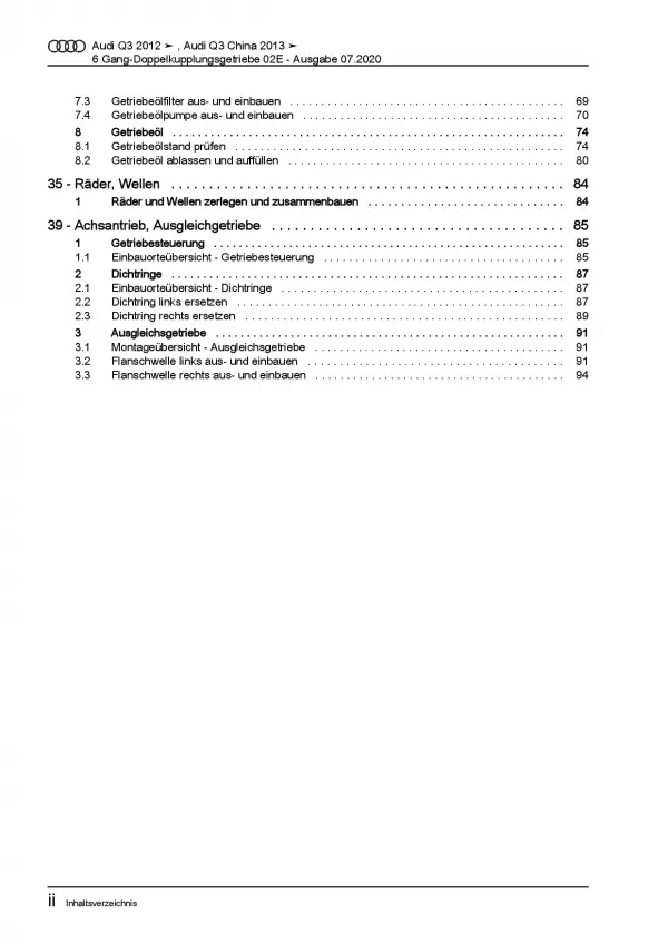 Audi Q3 8U 2011-2018 6 Gang Automatikgetriebe DSG DKG 02E Reparaturanleitung PDF