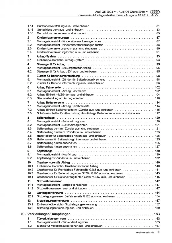 Audi Q5 Typ 8R 2008-2017 Karosserie Montagearbeiten Innen Reparaturanleitung