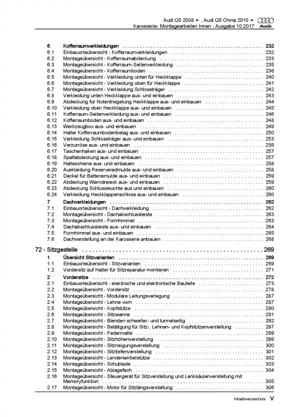 Audi Q5 Typ 8R 2008-2017 Karosserie Montagearbeiten Innen Reparaturanleitung PDF