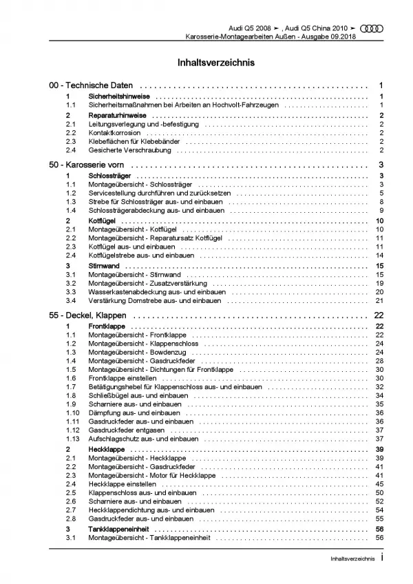 Audi Q5 Typ 8R 2008-2017 Karosserie Montagearbeiten Außen Reparaturanleitung PDF