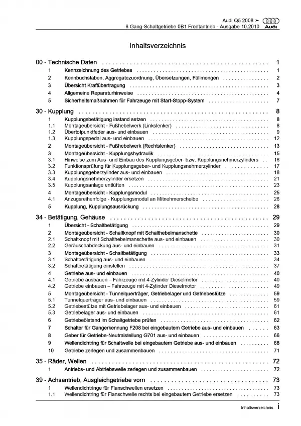 Audi Q5 8R 2008-2017 6 Gang Schaltgetriebe 0B1 Kupplung Reparaturanleitung PDF