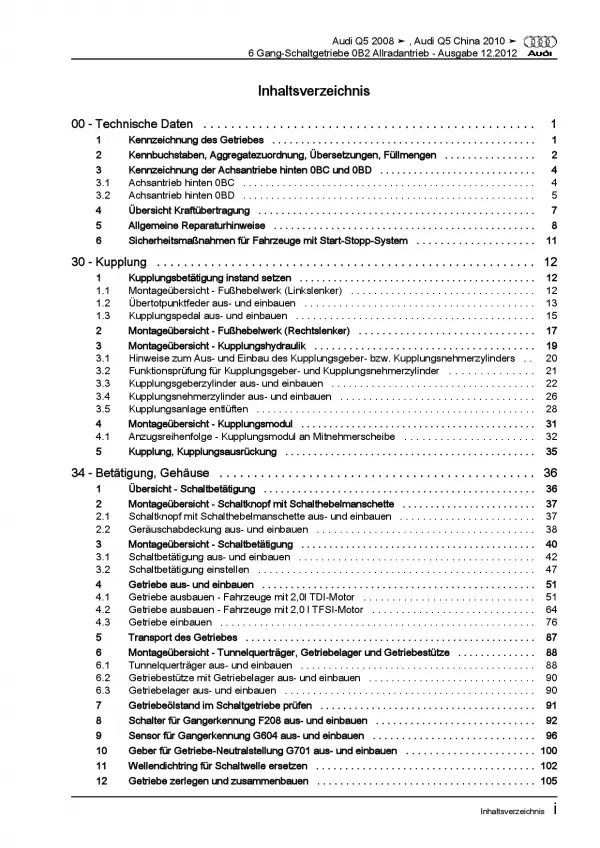 Audi Q5 8R 2008-2017 6 Gang 0B2 Schaltgetriebe Kupplung Reparaturanleitung PDF