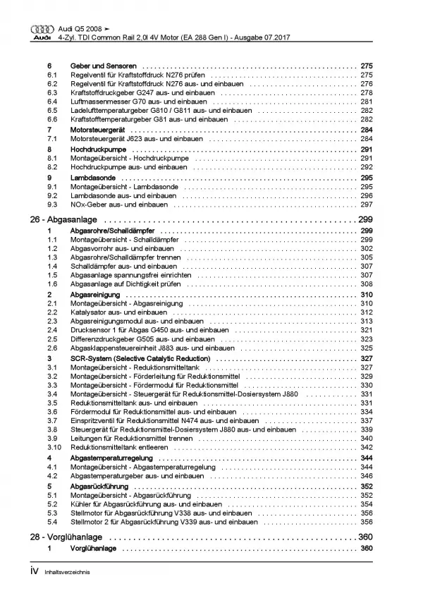 Audi Q5 Typ 8R 2008-2017 4-Zyl. 2,0l Dieselmotor 136-190 PS Reparaturanleitung