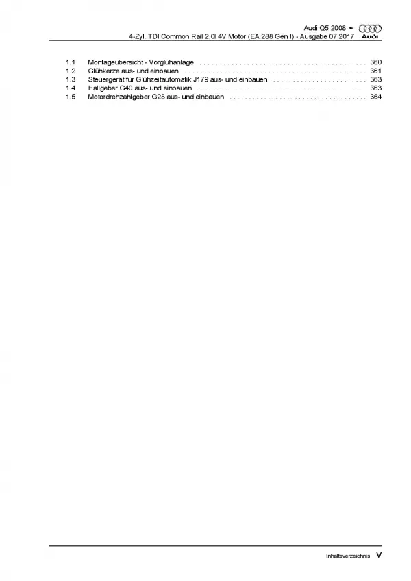 Audi Q5 8R 2008-2017 4-Zyl. 2,0l Dieselmotor 136-190 PS Reparaturanleitung PDF