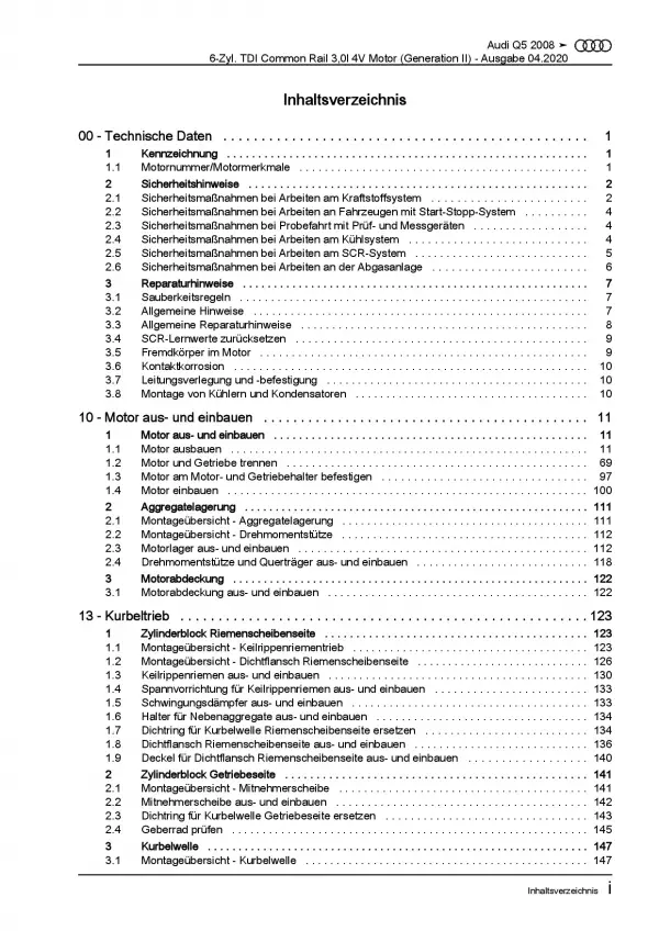 Audi Q5 8R 2008-2017 6-Zyl. 3,0l Dieselmotor 239-326 PS Reparaturanleitung PDF