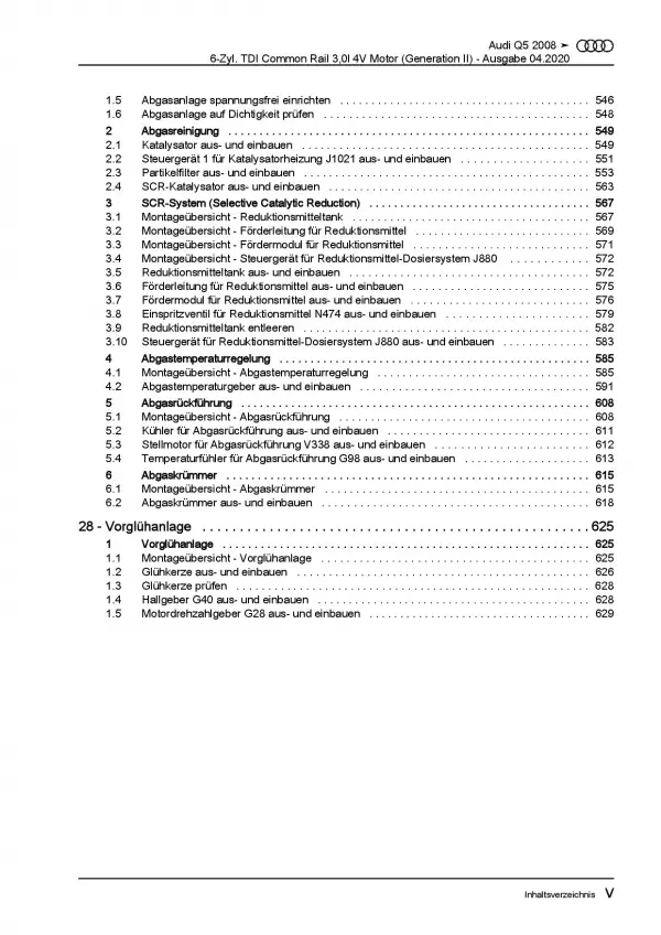 Audi Q5 8R 2008-2017 6-Zyl. 3,0l Dieselmotor 239-326 PS Reparaturanleitung PDF