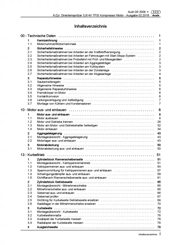 Audi Q5 8R 2008-2017 6-Zyl. 3,0l Benzinmotor 272-354 PS Reparaturanleitung PDF