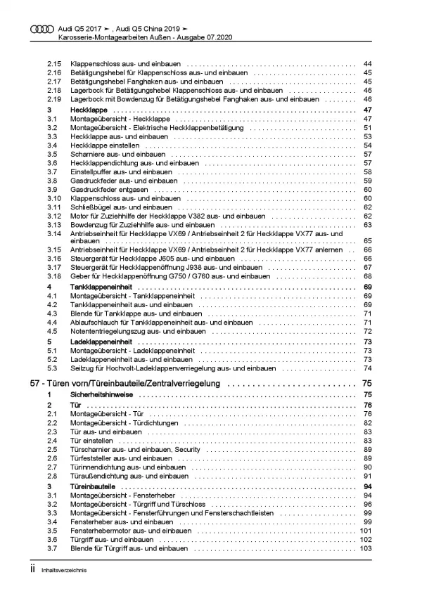 Audi Q5 Typ FY ab 2016 Karosserie Montagearbeiten Außen Reparaturanleitung PDF