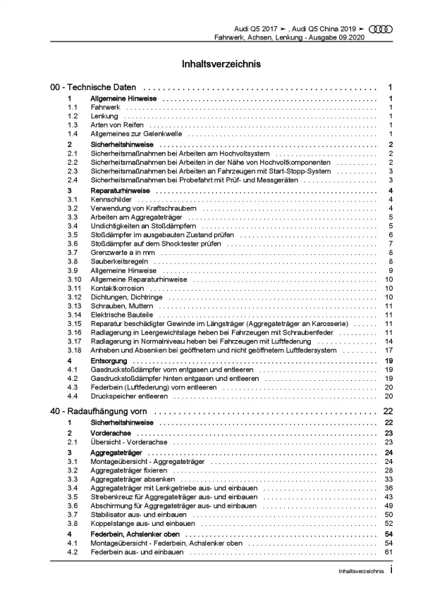 Audi Q5 Typ FY ab 2016 Fahrwerk Achsen Lenkung Reparaturanleitung PDF