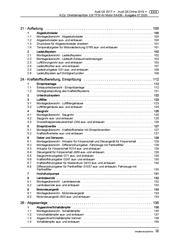 Audi Q5 Typ FY ab 2016 6-Zyl. 3,0l 4V Benzinmotor TFSI Reparaturanleitung PDF