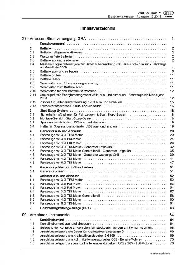 Audi Q7 Typ 4L 2005-2015 Elektrische Anlage Elektrik Systeme Reparaturanleitung