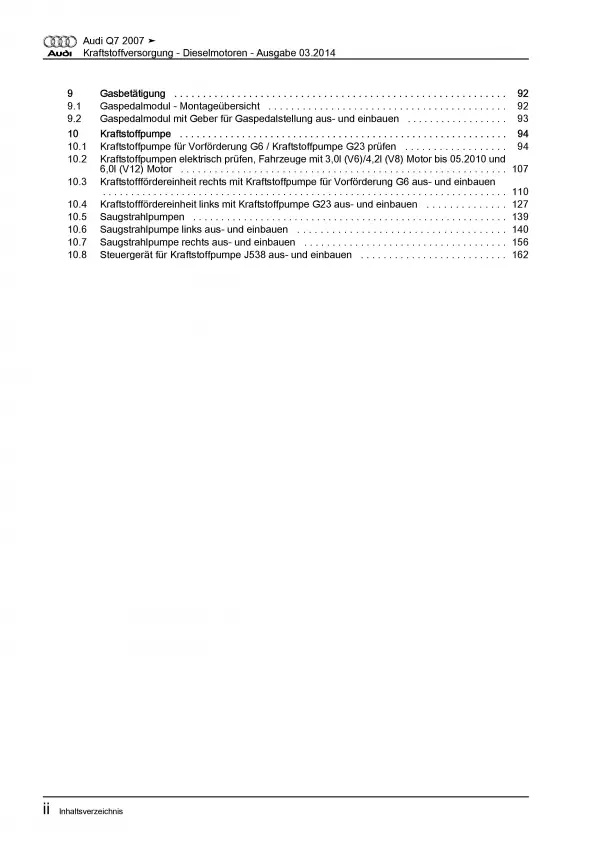 Audi Q7 Typ 4L 2005-2015 Kraftstoffversorgung Dieselmotoren Reparaturanleitung