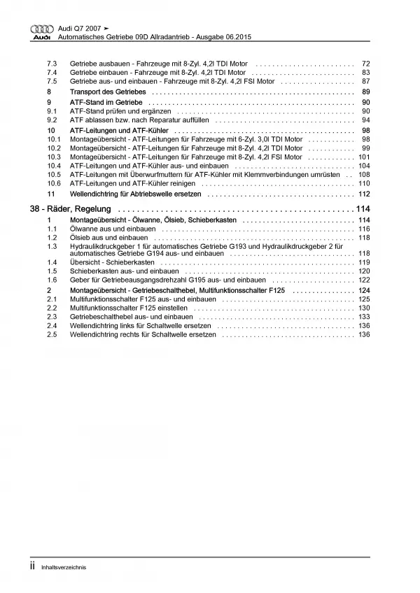 Audi Q7 Typ 4L 2005-2015 6 Gang Automatikgetriebe 09D Reparaturanleitung PDF