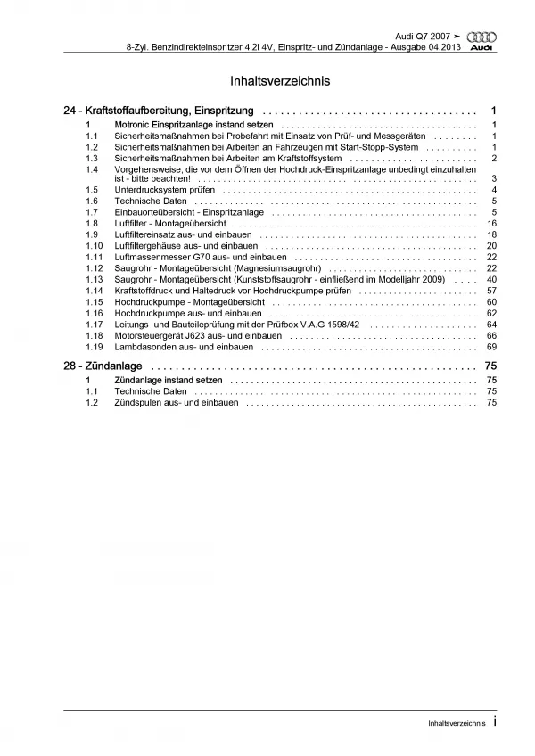 Audi Q7 4L 2005-2015 Benzin Einspritz- Zündanlage 349 PS Reparaturanleitung PDF