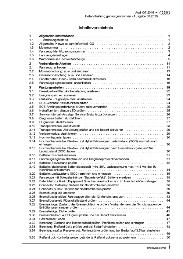 Audi Q7 Typ 4M ab 2015 Instandhaltung Inspektion Wartung Reparaturanleitung PDF