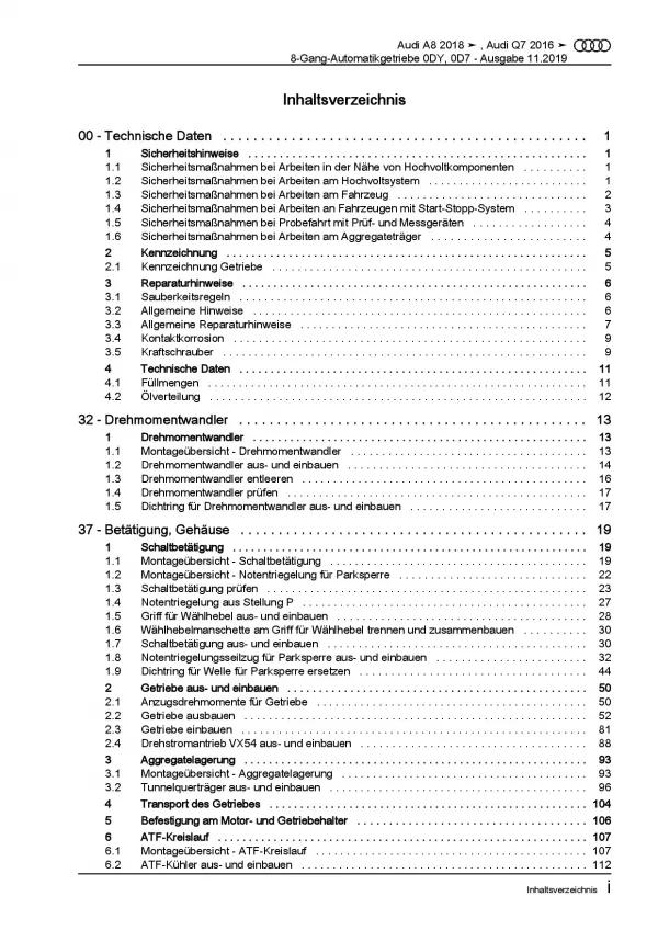 Audi Q7 Typ 4M ab 2015 8 Gang Automatikgetriebe 0DY 0D7 Reparaturanleitung PDF