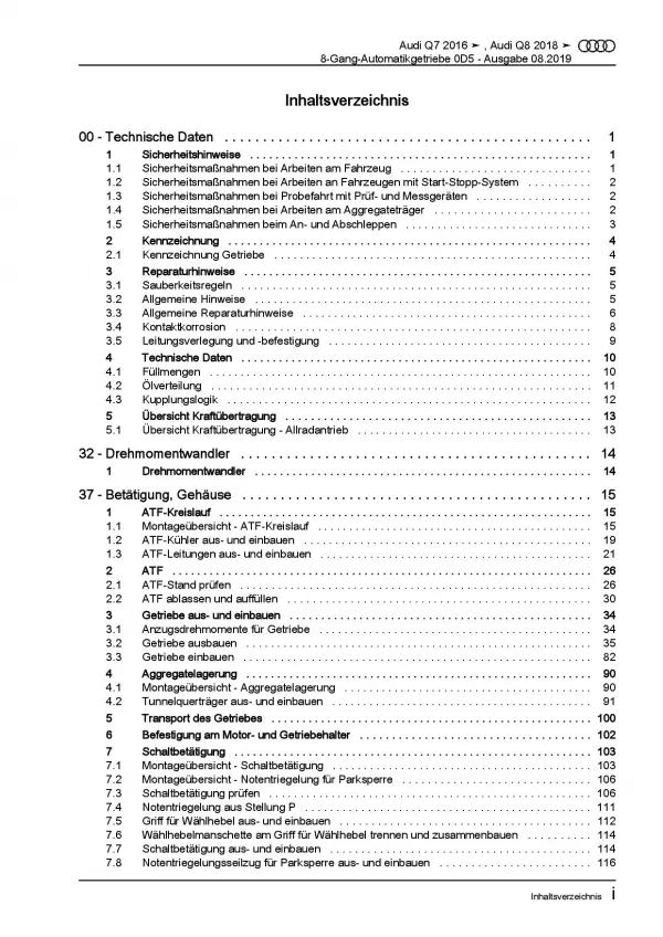 Audi Q7 Typ 4M ab 2015 8 Gang Automatikgetriebe 0D5 Reparaturanleitung PDF