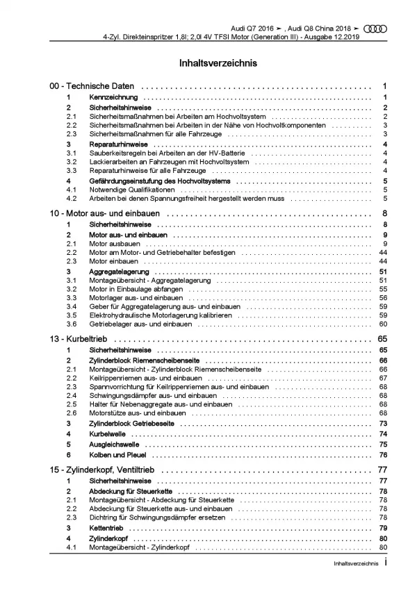 Audi Q7 4M ab 2015 4-Zyl. 1,8l 2,0l Benzinmotor 252 PS Reparaturanleitung PDF