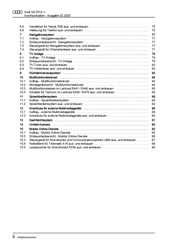 Audi Q8 Typ 4M ab 2018 Radio Navigation Kommunikation Reparaturanleitung PDF