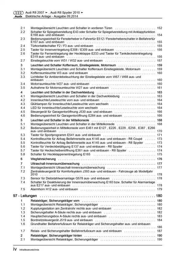 Audi R8 Typ 42 2006-2015 Elektrische Anlage Elektrik Systeme Reparaturanleitung