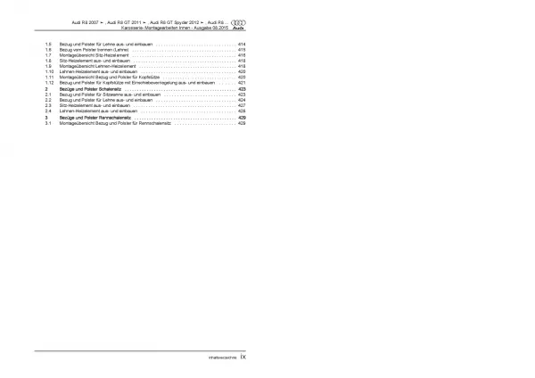 Audi R8 Typ 42 2006-2015 Karosserie Montagearbeiten Innen Reparaturanleitung