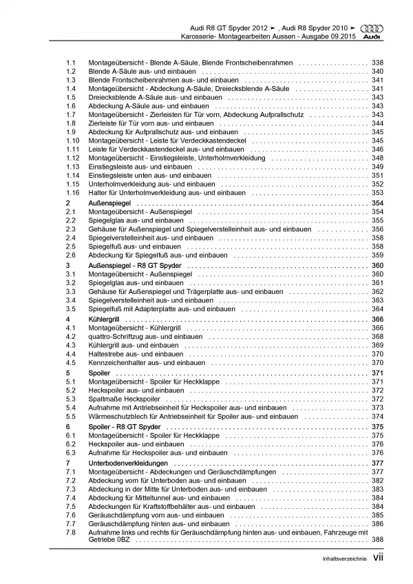 Audi R8 GT Spyder Typ 42 2010-2015 Karosserie Außen Reparaturanleitung