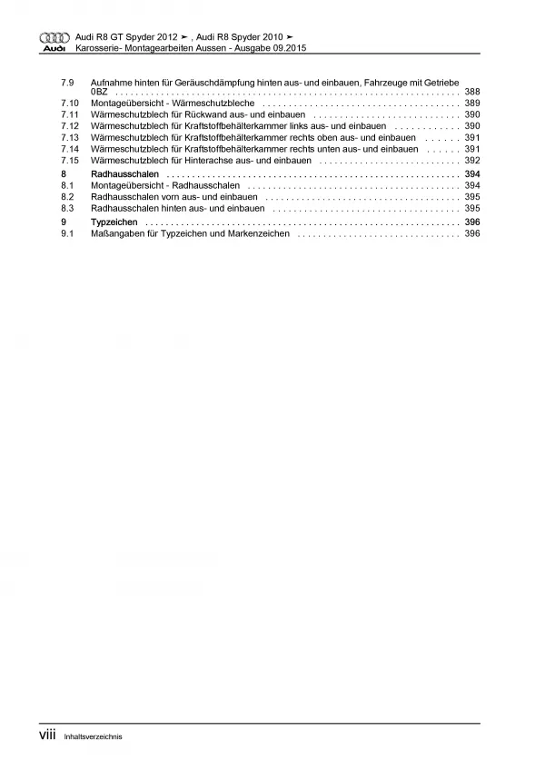Audi R8 GT Spyder Typ 42 2010-2015 Karosserie Außen Reparaturanleitung